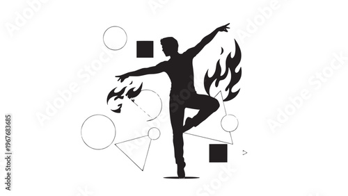 Abstract silhouette of a person with flames and geometric shapes in black and white.
