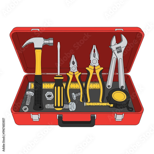 Open red toolbox with hand tools and equipment