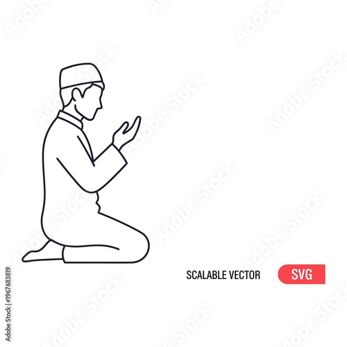 Muslim man kneeling in prayer vector line art icon