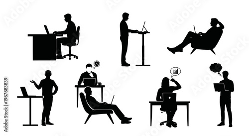 Remote Work Business Technology: Diverse People Working with Laptops - Vector Silhouettes Set
