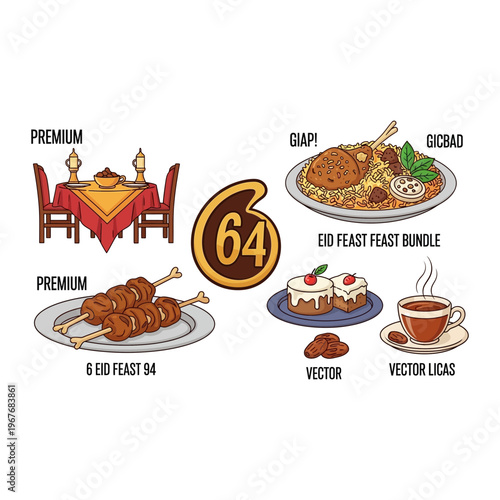 Gourmet table setting and breakfast food icons set
