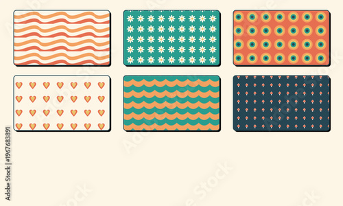 Hand-drawn vintage seventies psychedelic groovy seamless patterns collection featuring daisies hearts mushrooms geometric circles and wavy lines beautiful authentic illustration