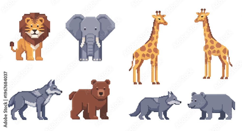 Obraz premium Pixel Art Wild Animals Collection: Lion, Elephant, Giraffe, Wolf, Bear Set