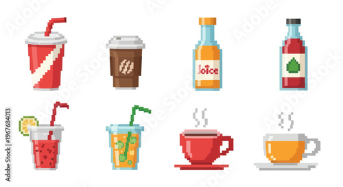 Food and Drink Pixel Art Set of Various Beverages: Soft Drinks, Coffee, Juice, Tea Icons