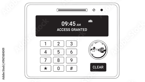 Close-up of a modern digital keypad with numeric and function buttons for security access.