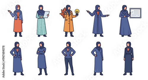 Professional Muslim Business Women in Hijab Poses - Flat Line Art Vector Set