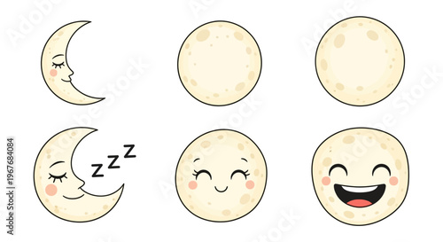 Cute Cartoon Illustrations of Sleepy Moon and Happy Pancake Faces.