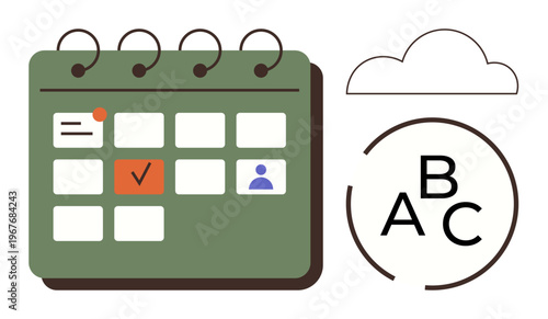 Scheduling, productivity tools, time management, education planning, organizational apps, workflow efficiency. Green calendar, task checkmarks letters and a cloud. Scheduling and productivity tools