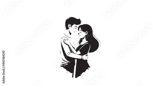 Black and White Illustration of Romantic Couple Embracing and Kissing.