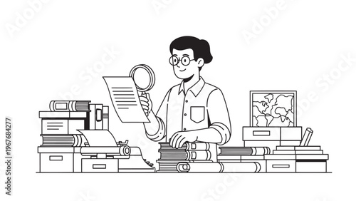 Young man working at a cluttered desk with books and a computer in a modern office environment.