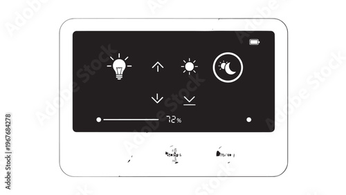Smart home control panel with touch screen interface and adjustable settings.