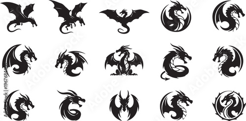 Collection of various dragon silhouettes and mythical creatures on white