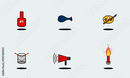 Hand-drawn collection of sports fan gear featuring foam finger, megaphone, drum, flare, face paint for game authentic illustration