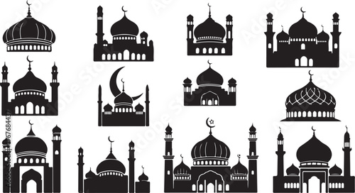 Islamic Architecture Silhouettes of Mosques and Minarets on White Background
