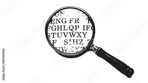 Close-up of a magnifying glass highlighting text on a white background.
