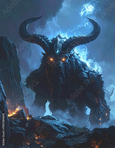 Mythical Beast with Glowing Eyes and Horns in a Mystical Landscape.