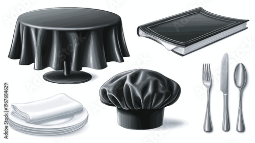 Professional restaurant and dining elements collection. Chef hat, menu, table with tablecloth, plates, napkins, and cutlery set vector illustration.