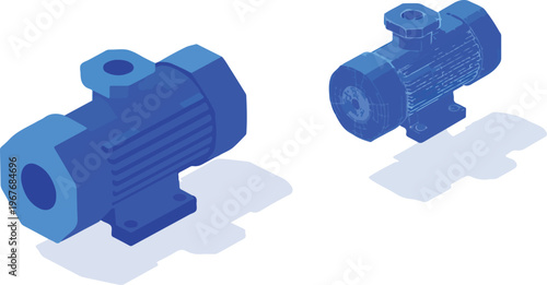 Isometric Blue 3D Digital Twin with Physical Object and Virtual Replica Vector