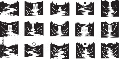 Black and white waterfall landscape illustrations in various scenic views