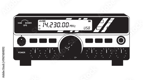 Professional Radio Transmitter Device with Digital Display and Control Buttons.