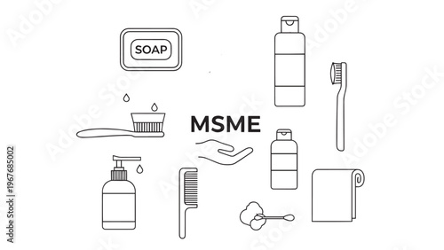 Medical and hygiene supplies including soap, sanitizer, toothbrush, and other personal care items arranged on a surface.