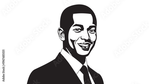 Black and White Illustration of a Smiling Businessman in Formal Attire.