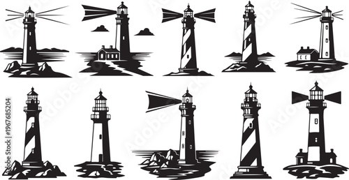 Black and white lighthouse illustrations with various designs and settings