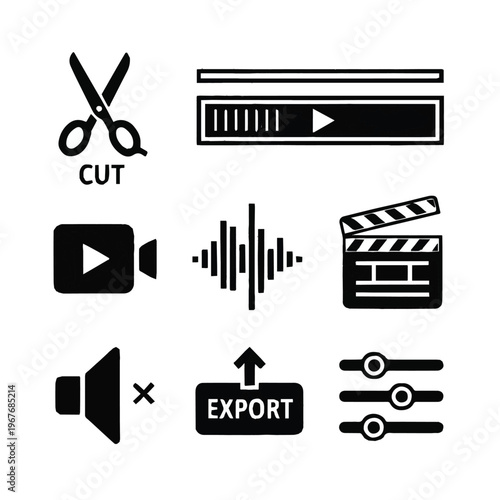 Video editing icons and symbols for film production and audio mixing