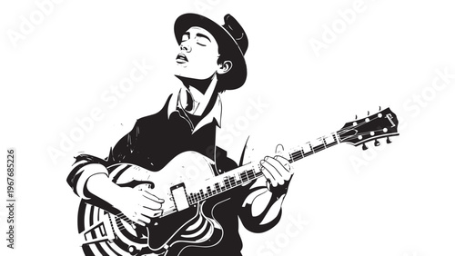 Black and White Illustration of a Man Playing Acoustic Guitar with a Hat.
