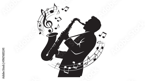 Silhouette of a musician playing a saxophone with musical notes floating around.