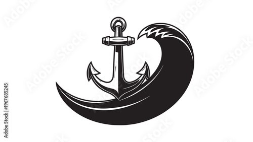 Stylized black and white anchor with wave design for nautical theme.