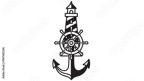 Black and White Nautical Anchor and Ship Wheel Tattoo Design.