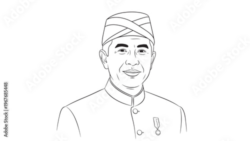 Portrait of a Man Wearing Traditional Attire with a Cap and Medal.