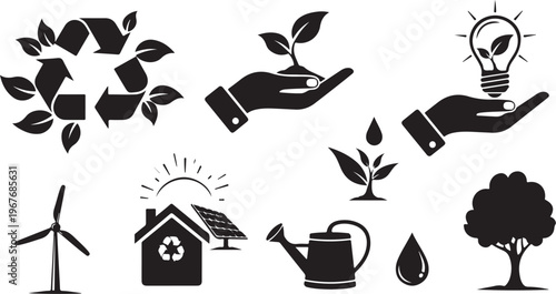 Eco friendly icons for sustainable living and green energy solutions