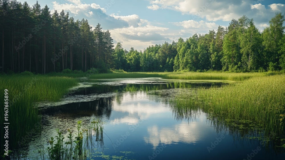 Obraz premium A serene, tranquil lake nestled amongst a lush, verdant forest, with calm water reflecting the sky and clouds.