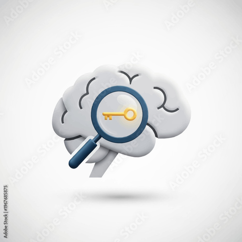 Brain with magnifying glass and key.