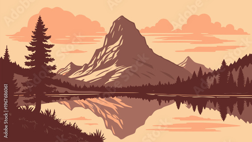 Calm lake reflecting mountains and sunset sky, warm tones, serene landscape, minimalist vector design, perfect for travel