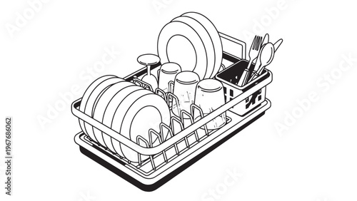 Dishwasher with clean dishes and utensils in a modern kitchen setting.