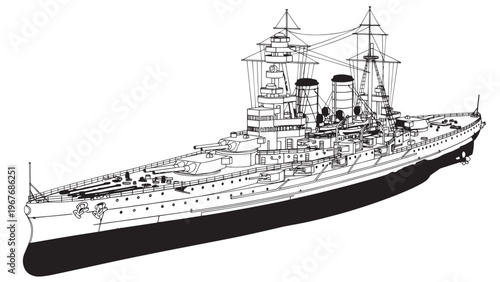 Detailed Line Drawing of a Historic Battleship with Multiple Gun Turrets and Masts.