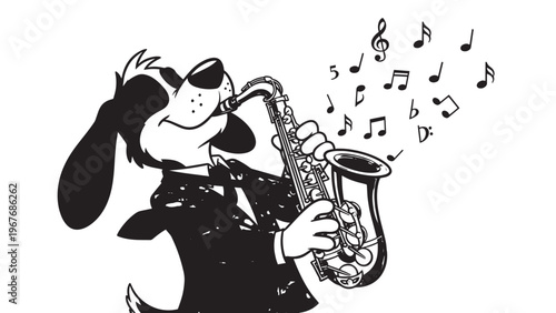 Cartoon Dog Playing Saxophone with Musical Notes in a Stylish Outfit.