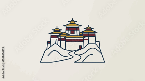 Minimalist Vector Illustration of Bhutanese Fortress-Temple