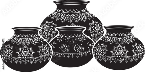 Black and white of four decorative clay pots with floral patterns