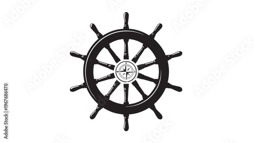 Close-up of a ship's steering wheel with nautical design and details.