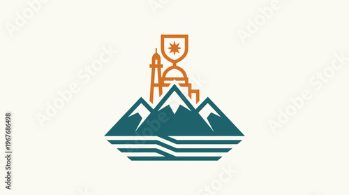 Abstract Mountain Scene with Emblem and Building