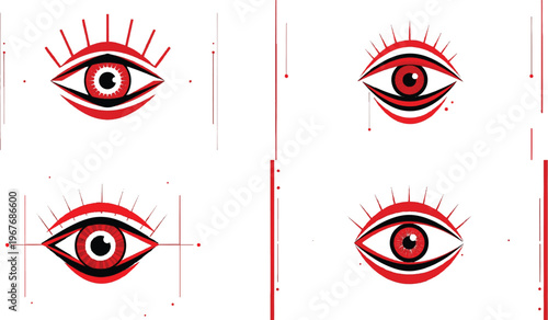 Four stylized red and black eye with geometric lines and dots