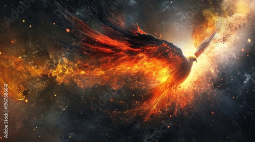 A fiery phoenix soars through a starry sky, leaving a trail of fire and smoke.