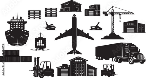 Logistics and transportation icons in black and white illustration style