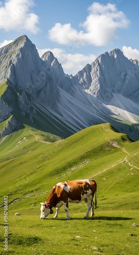 Cow Grazing in Alpine Meadow with Mountain Backdrop.