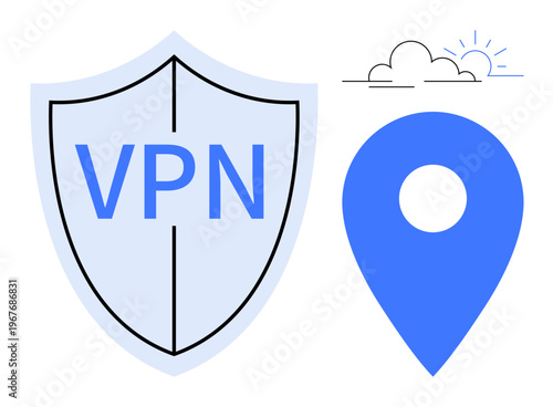 Online security, data protection, geolocation, internet privacy, digital tools, safe browsing. A shield with VPN text, geolocation pin and cloud. Online security and data protection