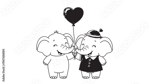 Cute Cartoon Elephants Sharing a Heart-Shaped Balloon in Love.